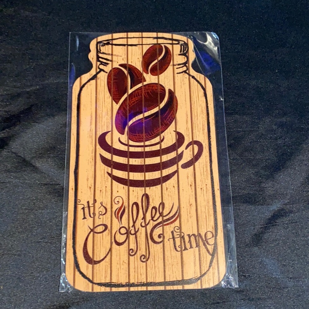 Wooden mason jar shaped sign; its coffee time. ncludes twine string.